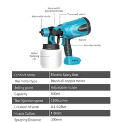 800ML Cordless Electric Spray Gun Portable Paint Sprayer Auto Furniture Steel Coating Airbrush Compatible For Makita 18V Battery