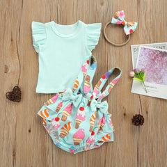 Cute Newborn Infant Baby Girls Fly Sleeve Ribbed Blue T-Shirt Top ICe Cream Print Suspender Pants Bowknot Headband 3pcs Outfits