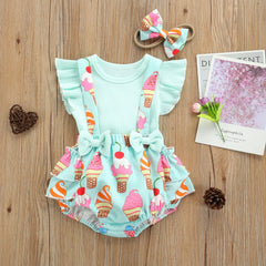 Cute Newborn Infant Baby Girls Fly Sleeve Ribbed Blue T-Shirt Top ICe Cream Print Suspender Pants Bowknot Headband 3pcs Outfits