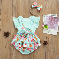 Cute Newborn Infant Baby Girls Fly Sleeve Ribbed Blue T-Shirt Top ICe Cream Print Suspender Pants Bowknot Headband 3pcs Outfits