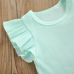 Cute Newborn Infant Baby Girls Fly Sleeve Ribbed Blue T-Shirt Top ICe Cream Print Suspender Pants Bowknot Headband 3pcs Outfits