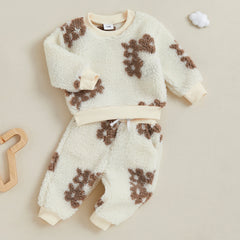 Infant Baby Girls 2 Piece Flannel Clothes Fall Winter Floral Fuzzy Long Sleeve Sweatshirt and Elastic Pants Outfits Set