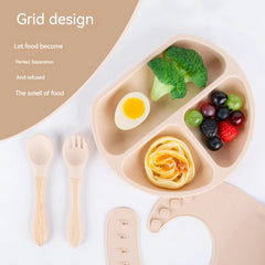 4PCS Silicone Children Tableware Baby Feeding Set Silicone Dinner Plate Wood Handle Spoon Fork Silicone Bibs BPA Free