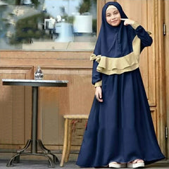 2Pcs Ramadan Muslim Kids Hijab Dress Abaya Set Islam Eid Prayer Arab Girls Khimar Headscarf Niqab Robe Clothing Middle East 2-8Y