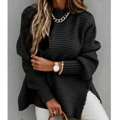 2024 Winter New Fashionable and Casual Women's Half High Collar Solid Color Bundle Hand Side Split Knitted Sweater