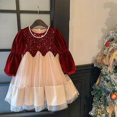 Autumn/Winter Girls' Thick Dress 2-7 Y Fashionable Girls' Sequined Lantern Sleeves Princess Dress Children's Fur Fleece Clothes