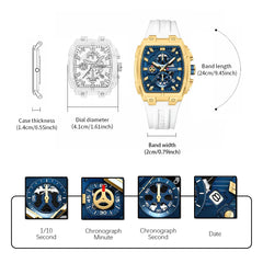 Luxury Sports Chronograph Watch for Men - 41mm Rectangle Dial, Quartz Movement with Luminous Hands & Date, Silicone Strap