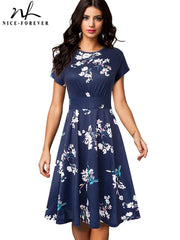 Vintage Elegant Floral Print Pleated Round neck vestidos A-Line Pinup Business Party Women Flare Swing Dress A102