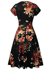Vintage Elegant Floral Print Pleated Round neck vestidos A-Line Pinup Business Party Women Flare Swing Dress A102