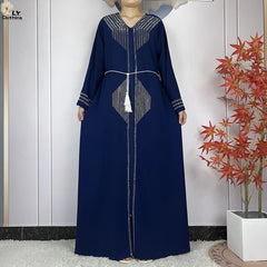 2024 Muslim Abaya For Women Long Sleeved Chiffon Diamonds Loose Fit Femme Robe Islam Maxi Dubai Fashion Party Dresses With Scarf