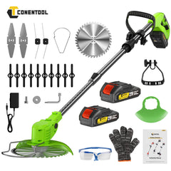 21V Cordless Strimmer, Telescopic Lightweight Grass Trimmer with 5xMetal Blades & 10xPlastic Blades, 2 x 2000mAh Batteries