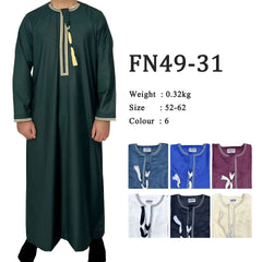 New Arrival Cross-Border Solid Color Round Neck Embroidery Coarse Males Long Sleeve Kaftan Arabian Saudi Arabia Men's Kaftan