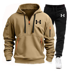 Men's new autumn and winter multi-pocket zipper long-sleeved hoodie + sports and leisure pants two-piece fitness jogging suit