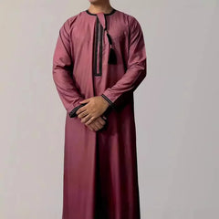 New Arrival Cross-Border Solid Color Round Neck Embroidery Coarse Males Long Sleeve Kaftan Arabian Saudi Arabia Men's Kaftan