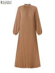 Fashion Women Pleated Muslim Dresses ZANZEA 2024 Autumn Elegant Maxi Dress Long Sleeve Casual Abaya Vestido Islamic Clothing