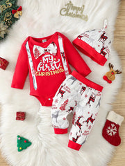 Baby Red Christmas Long Sleeved Jumpsuit, Hat, Long Pants Set