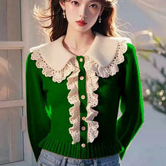 Women Sweet Solid Lace Turn-down Collar Eelegant Fashion Sweaters Autumn Winter Knitted Jumper Ruffles Loose Pullover Knitwear