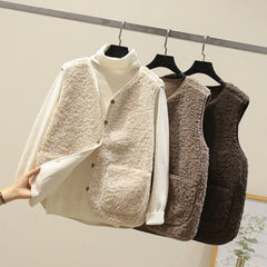 Korean Fashion Fleece Lamb Wool Vest Women V Neck Single Breasted Pocket Sleeveless Jacket Outerwears Streetwear Casual Coat