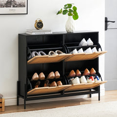 Rattan Shoe Storage Cabinet, Entryway Shoes Cabinet with 4 Flip Doors, Freestanding Shoe Rack with 3 Position Adjustable Shelves