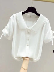 Woman Summer Style Chiffon Blouses Tops Lady Casual Peter Pan Collar Short Lantern Sleeve Blusas Tops ZZ1483