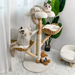 Willow Wood Cat Tree Scratching Post Multi-Level Sisal Pet Cat Kitten Climbing Tower Activity Tower with Removable Washable Mats