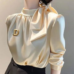 Limiguyue Autumn Winter French Champagne Satin Shirt High-end Bow Tie Blouse Women Half High Neck Letter Brooch Tops Luxury 587P