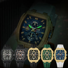 Luxury Sports Chronograph Watch for Men - 41mm Rectangle Dial, Quartz Movement with Luminous Hands & Date, Silicone Strap