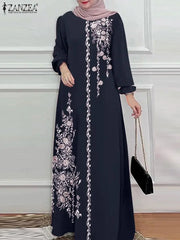 ZANZEA Women Vintage Long Sleeve Abaya Floral Print Muslim Maxi Dress Fashion Sundress Robe Femme Marocain Dubai Turkey Vestido