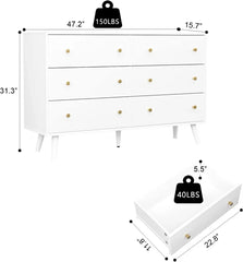 White Dresser for Bedroom, Modern 6 Drawer Dresser, Wide Chest of Drawers with Gold Handles, Hallway