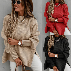 2024 Winter New Fashionable and Casual Women's Half High Collar Solid Color Bundle Hand Side Split Knitted Sweater