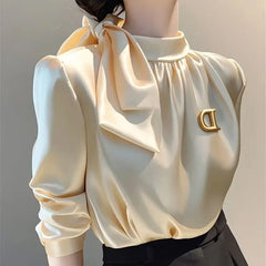 Limiguyue Autumn Winter French Champagne Satin Shirt High-end Bow Tie Blouse Women Half High Neck Letter Brooch Tops Luxury 587P