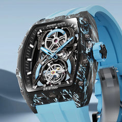 BONEST GATTI Men's Watch Tourbillon Skeleton Automatic Wristwatch Carbon Fiber Luminous Case Barrel-Shaped