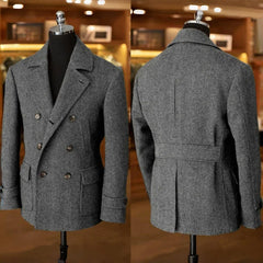 Men's Vintage Herringbone Tweed Blazer British Wool Blend Double Breasted Lightweight Casual Sport Coat Formal Jacket