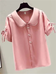 Woman Summer Style Chiffon Blouses Tops Lady Casual Peter Pan Collar Short Lantern Sleeve Blusas Tops ZZ1483