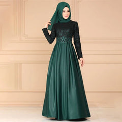 Women Lace Spliced Long Sleeved Ethnic Style Muslim Robe Dress Elegant Temperamental High Waist Saudi Arabia Muslim Maxi Dress