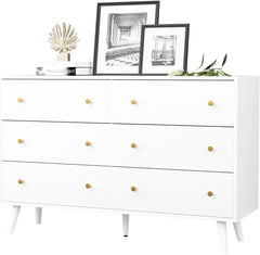 White Dresser for Bedroom, Modern 6 Drawer Dresser, Wide Chest of Drawers with Gold Handles, Hallway