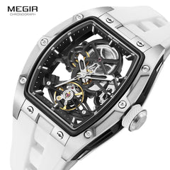 Men's Automatic Mechanical Watch with Stainless Steel Case Silicone Band Skeleton Dial Waterproof Sport Wristwatch