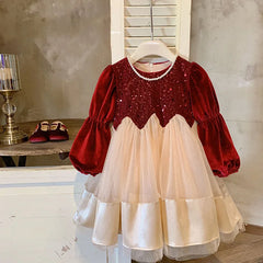 Autumn/Winter Girls' Thick Dress 2-7 Y Fashionable Girls' Sequined Lantern Sleeves Princess Dress Children's Fur Fleece Clothes