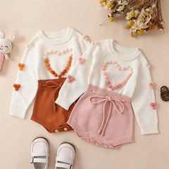 Baby Girl Knitted Romper Sweater Long Sleeve Knit Heart Embroidery Bodysuits Warm Fall Winter Clothes