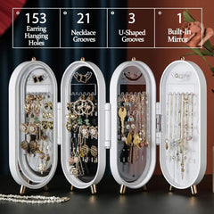Foldable Earring Holder Jewellery Organizer Storage Box with Mirror, 4-Layer Dustproof Earring Necklace Display Stand Jewelry Box