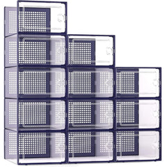 X-Large Shoe Storage Boxes Organizers Clear Plastic Stackable 12 Pack, Shoe Rack & Holder Substitute, Sneaker Containers, Blue