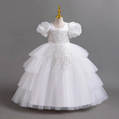 Luxury children's princess dress Bubble sleeve beaded sequin wedding dress Fancy Flower Girl Party PROM dress C2179