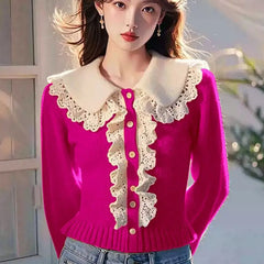 Women Sweet Solid Lace Turn-down Collar Eelegant Fashion Sweaters Autumn Winter Knitted Jumper Ruffles Loose Pullover Knitwear