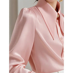 Spring Autumn Fashionable Satin Long Sleeve Blouse Ladies Fashion Buttons Solid Color Turn-down Collar Long Sleeve Shirts Tops