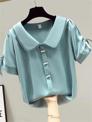 Woman Summer Style Chiffon Blouses Tops Lady Casual Peter Pan Collar Short Lantern Sleeve Blusas Tops ZZ1483