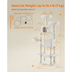 Feandrea Cat Tree, Height 206 cm, with 13 Scratching Posts, 2 Platform, 2 Kennels, Basket, Hammock, Pompom