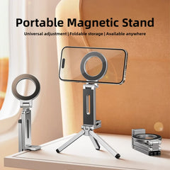 Mini Tripod Foldable Magnetic Phone Holder, Portable Travel Stand Tripod for IPhone & Android, Suitable for Desk/Plane/Train