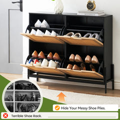 Rattan Shoe Storage Cabinet, Entryway Shoes Cabinet with 4 Flip Doors, Freestanding Shoe Rack with 3 Position Adjustable Shelves