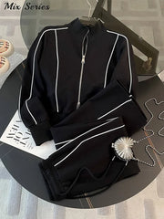 Cozy Striped Contrast Sweatshirt Pants Set Women Casual Lapel Full Sleeve Zipper Tops Long Trousers 2025 New Lady Sportswear