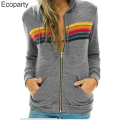 Autumn Unisex Women's Aviator Nation Long Sleeve Hooded Sweatshirts Casual Zipper 5 Stripe Rainbow Hoodies Jacket Coat